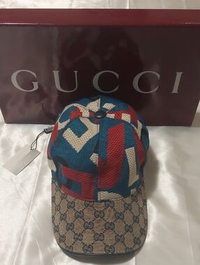 Gucci Blue Red Beige GG Logo Baseball Cap